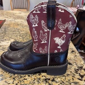 Ariat Women’s Fat Baby Brown and Maroon Rooster Western Boots